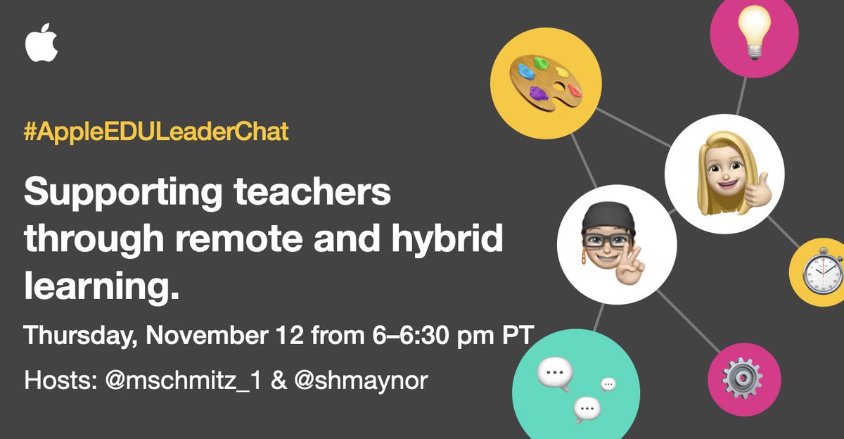 EDU Leaders - Join us for #AppleEDULeaderChat at 6:00 pm PT (9:00 pm ET) as we discuss supporting teachers through remote and hybrid learning. #AppleEDUchat <a href="/mschmitz_1/">Michelle Schmitz EdD</a> <a href="/DrBillZiegler/">Dr. Bill Ziegler</a> <a href="/apersad/">Dr. Allison Persad</a> <a href="/BrandonWLewis/">Brandon Lewis</a> <a href="/scottheeke/">Scott Heeke</a> <a href="/teacherharris/">Christy Harris</a> <a href="/MNebel/">Michelle Nebel</a> <a href="/MattVirgil/">Matt Virgil</a> <a href="/its_morgancave/">Morgan Cave</a>