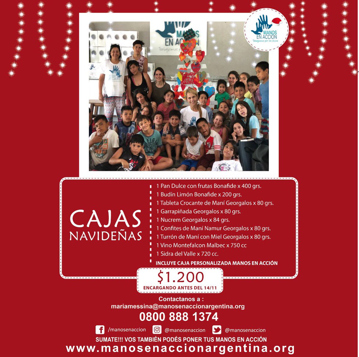 ¡Se acerca fin de año… y ya estamos preparando las Cajas Navideñas 🎁 de Manos En Acción! 🌲💫

Si estás interesado en comprarla escribinos a 📩mariamessina@manosenaccionargentina.org o comunícate por tel al ☎️ 0800 888 1374