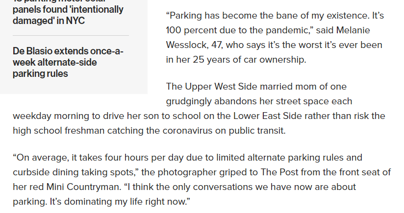 I've been waiting months for articles like this one, and it does not disappoint. You just gotta tip your hat at Melanie Wesslock's sad and pathetic life right now.  https://nypost.com/2020/11/09/nyc-street-parking-hell-worse-than-ever-due-to-covid-19-drama/?utm_source=twitter_sitebuttons&utm_medium=site%20buttons&utm_campaign=site%20buttons
