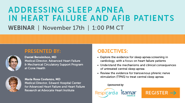Improving mgmt of sleep apnea for HF and AFib patients. Join Drs. Bensimhon &amp; Costanzo for a live webinar on addressing sleep apnea in HF and AFib patients.Register here: tinyurl.com/yyy85cwd
<a href="/MoonlightingDoc/">Dan Bensimhon</a> <a href="/mrchrtfaildoc/">Maria Rosa Costanzo</a>
 #sleepapnea #Cardiology #sleep #HeartFailure #AFib