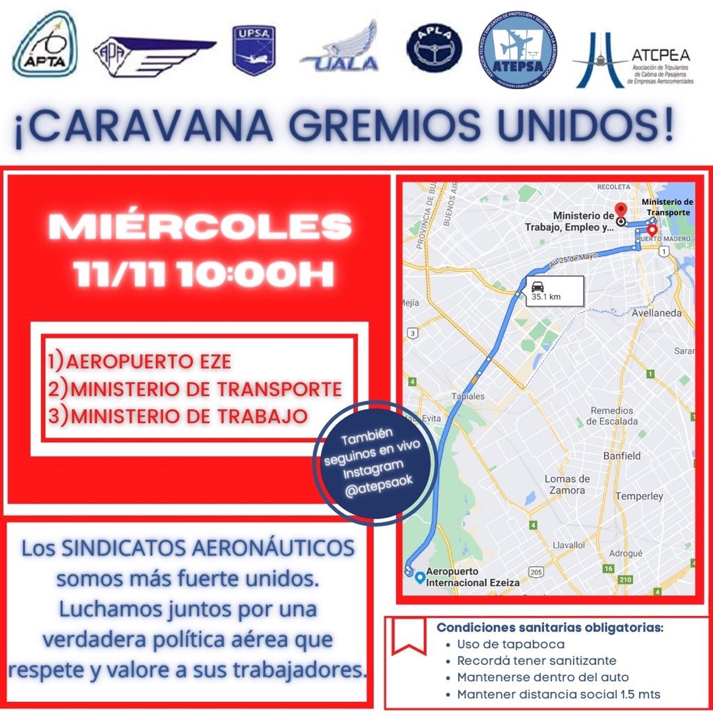 Caravana aeronáutica. #SindicatosAeronauticosUnidos <a href="/UPSA_Oficial/">UPSA</a> <a href="/aplapilotos/">APLA</a> <a href="/atcpeaok/">ATCPEA</a> <a href="/APAERONAUTICOS/">APA</a> <a href="/prensa_uala/">UALA PRENSA</a> <a href="/AptaOficial/">APTA oficial</a> <a href="/atepsaok/">atepsaOK</a>