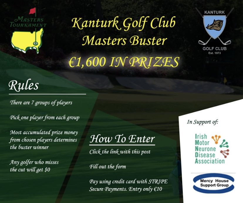 It’s finally Masters week. Last few days to enter our Masters Buster competition. Who do you fancy to slip on that green jacket come Sunday evening? There’s €1600 in prizes up for grabs. Why not click the link and try your luck kanturkgolf.com/masters-buster/