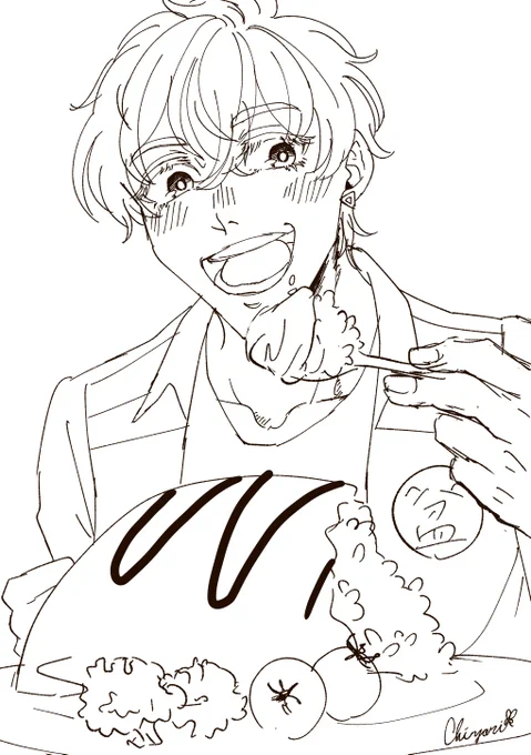 これはピアスを描きたいあまりに左利きにしてしまったので没になった、オムライスを食べるロナ君 