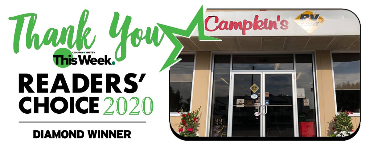 CampkinsRV's tweet photo. Thank you to Oshawa and Whitby Reader's Choice for the recognition and awarding Campkin's RV Centre the Diamond Winner in RV Dealers.
#reacherschoice #diamondwinner #thisweek #durham #oshawa #whitby https://t.co/Mn5AjsL3mn