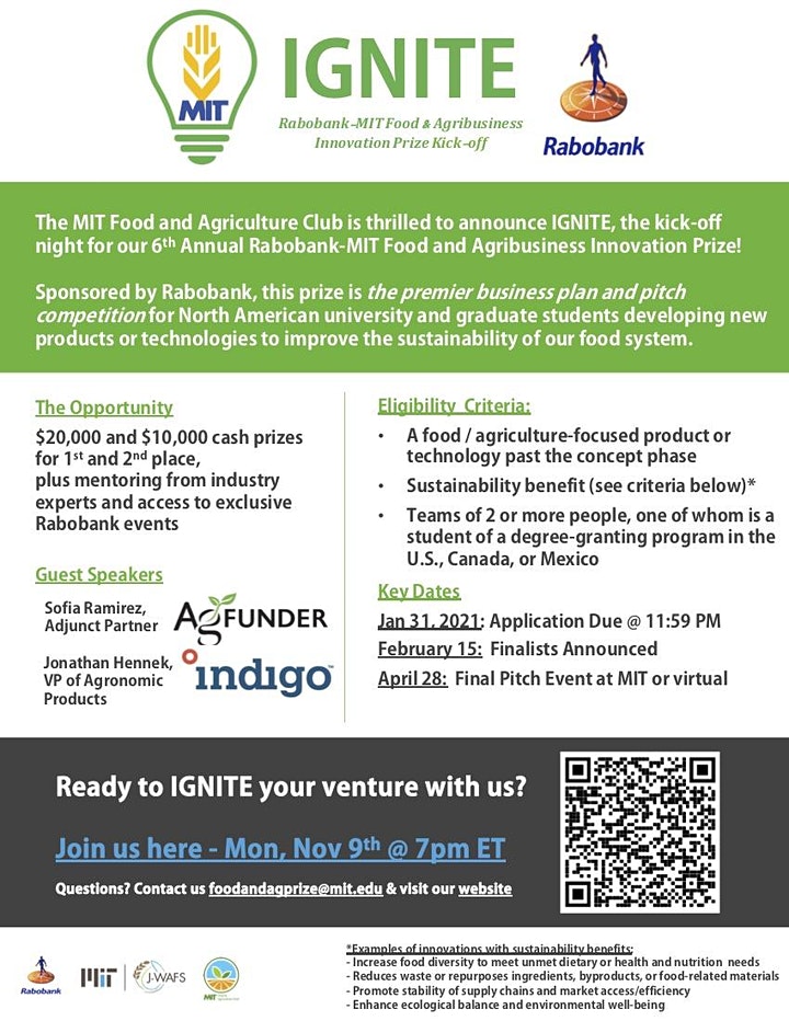 Student with a heart for sustainability in food system?

The Rabobank-MIT Food and Agribusiness Innovation Prize is the pitch competition for students developing new products or technologies to improve sustainability in our food system.

Read more: ow.ly/QS8W50C7ntO