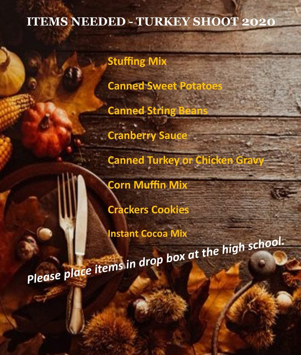 In addition to Turkeys for the The Turkey Shoot here is a list of none perishable items that are needed. Drop off at the OHS bus circle. Turkey shoot is Sat 11/21.
#neighborshelpingneighbors