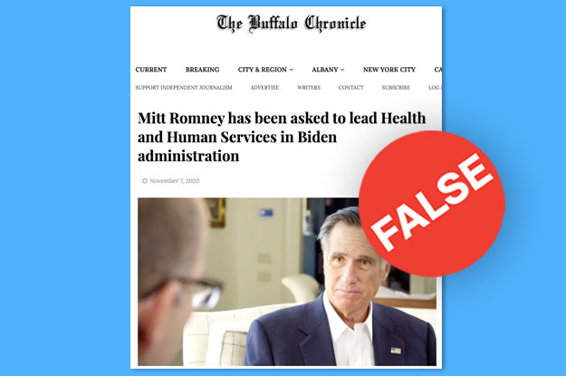2. No, Mitt Romney has not been asked to join a Biden cabinet.This fake comes from Buffalo Chronicle, a website that nearly upended the Canadian election last year with a made-up Justin Trudeau story.