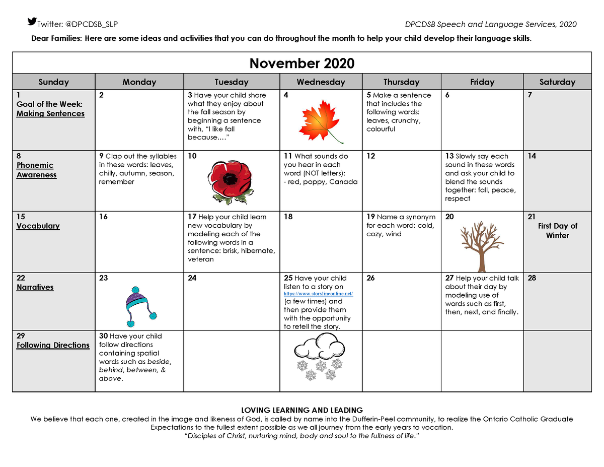 📢Back by popular demand!! Check out our oral language calendar to keep practicing and building on your child's oral language skills through the month of 🌬️ November 🌬️. #SLPTips #FDK #orallanguage