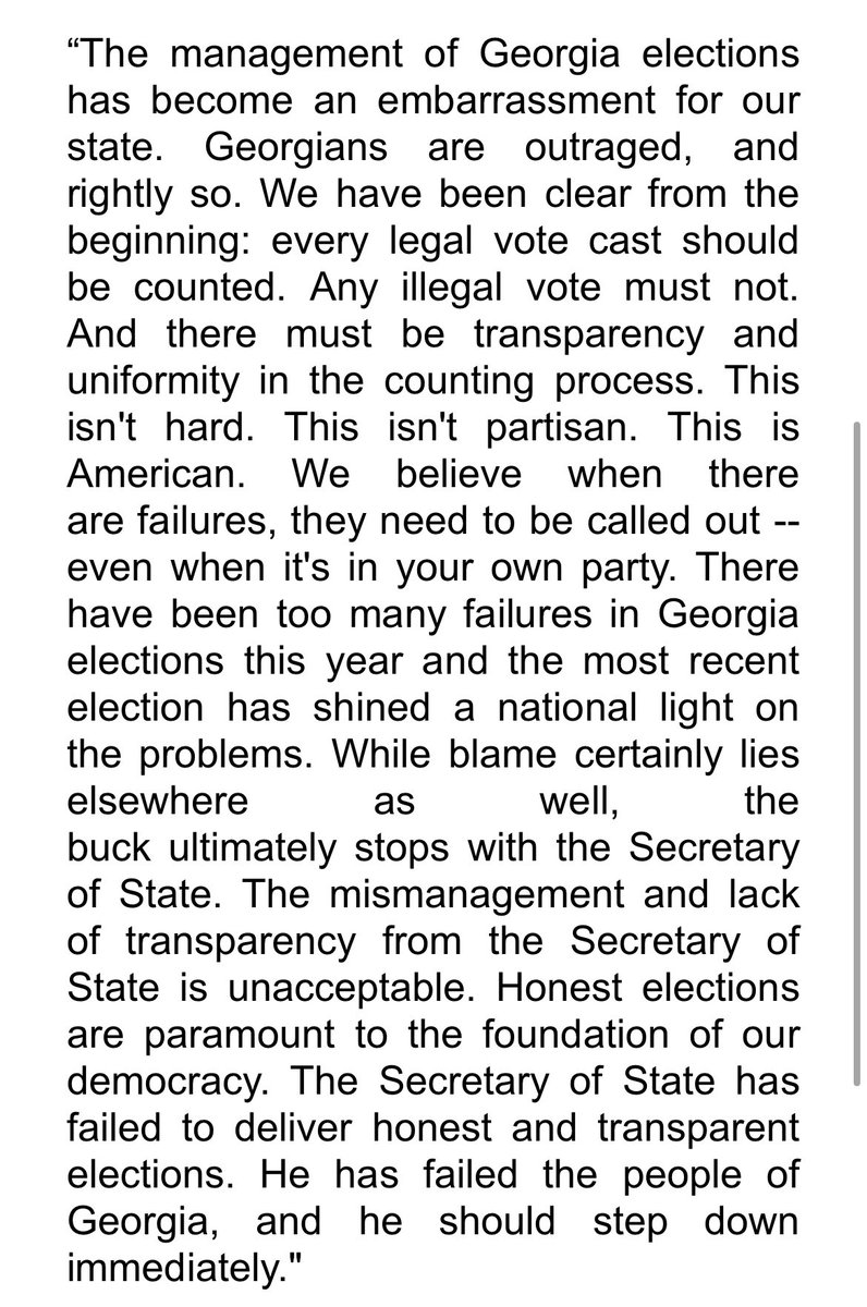 A scathing joint statement from Georgia’s two Republican US Senators —  @sendavidperdue &  @SenatorLoeffler — both in a Jan. 5 runoff for control of the chamber. It flies in the face of other Republicans who have praised the handling of the election.  #gapol