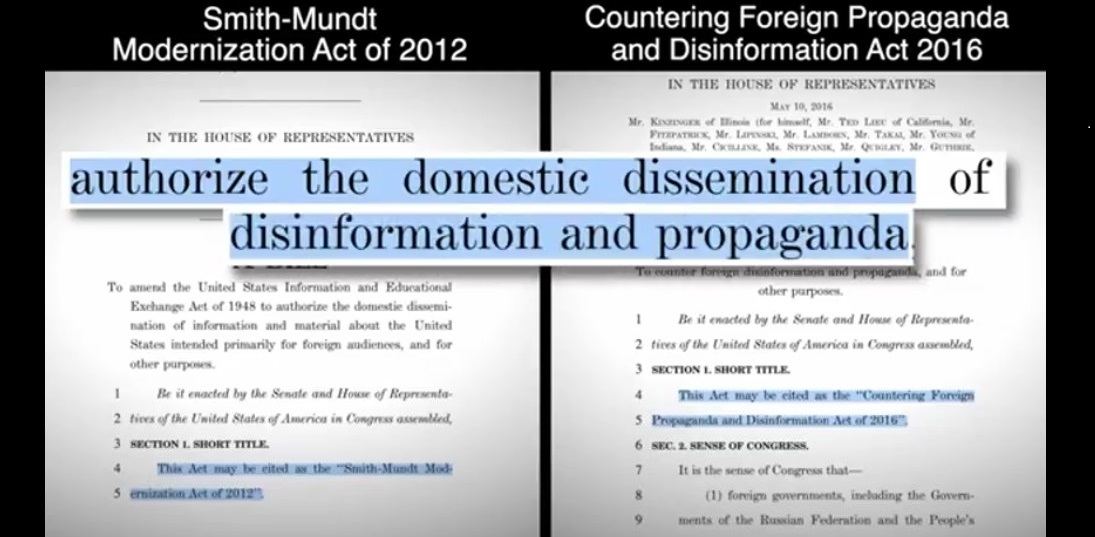 The "Smith Mundt" and "the Countering Disinformation and Propaganda Acts" allow a Fascist combination of Government & Corporate censorship of non approved news while it funds Corporate News Propaganda and 3D Live Action Roll Playing in the streets; RIOTS  https://twitter.com/Penone10/status/1325869898774564865