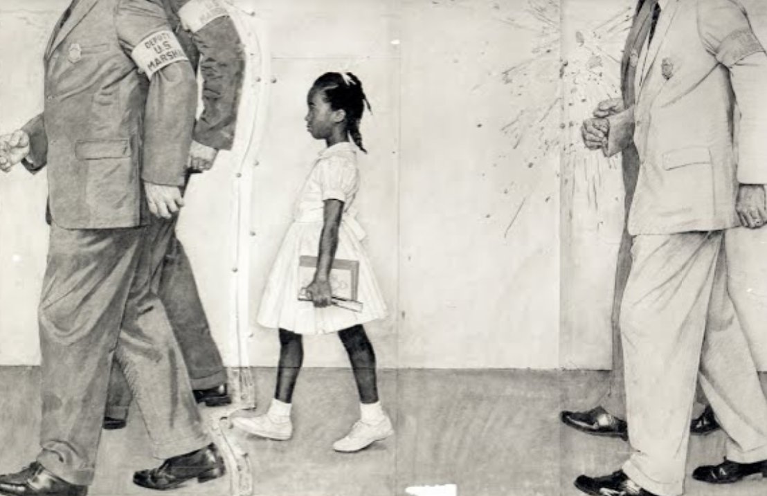 Here is a charcoal study Rockwell did as well, showing the position of Ruby Bridges that was in the final painting.  https://artsandculture.google.com/asset/_/BQEJtmtn-MHXPg