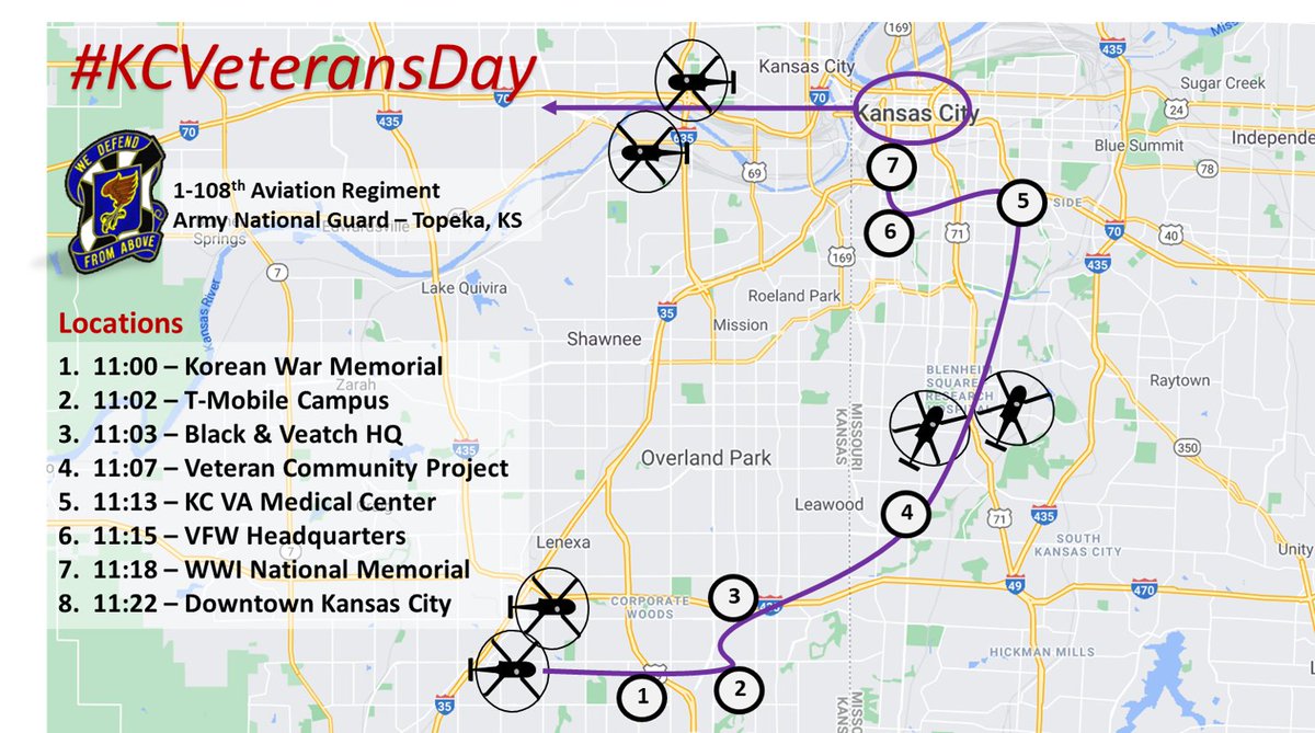 TheGogglette's tweet image. I love flyovers. Kansas Citians should be on the lookout for two UH-60 Blackhawks from the 1-108th Aviation Regiment of the Kansas Army National Guard flying over downtown @KCMO and @TheWWImuseum around 11a on Nov. 11. Flyover path marked below.