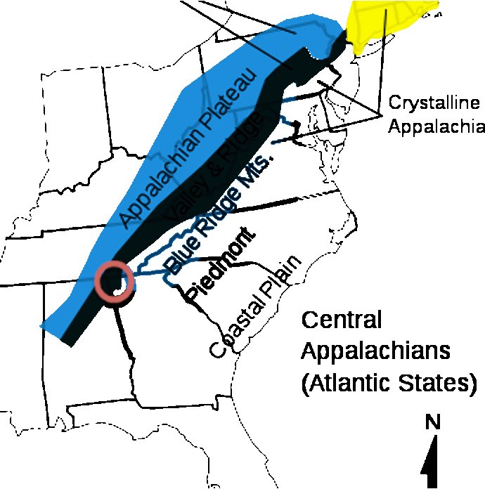 Sandstone Appalachian Plateau in eastern Kentucky worn down by water into deep ravines & ridges separating communities.