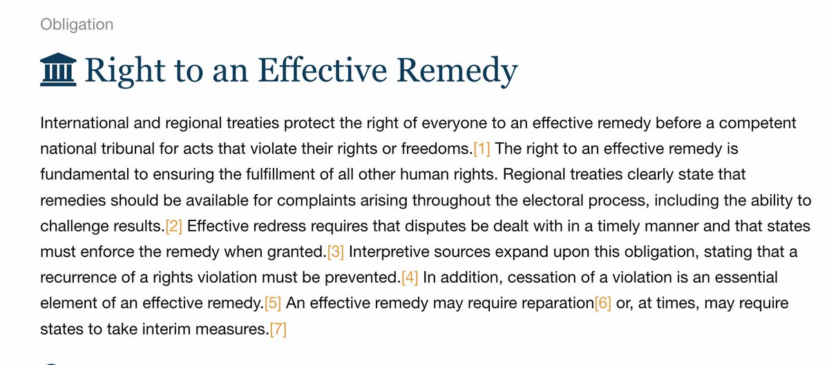 5) Carter Center: "The right to an effective remedy is fundamental to ensuring the fulfillment of all other human rights.... Effective redress requires that disputes be dealt with in a timely manner and that states must enforce the remedy when granted..."