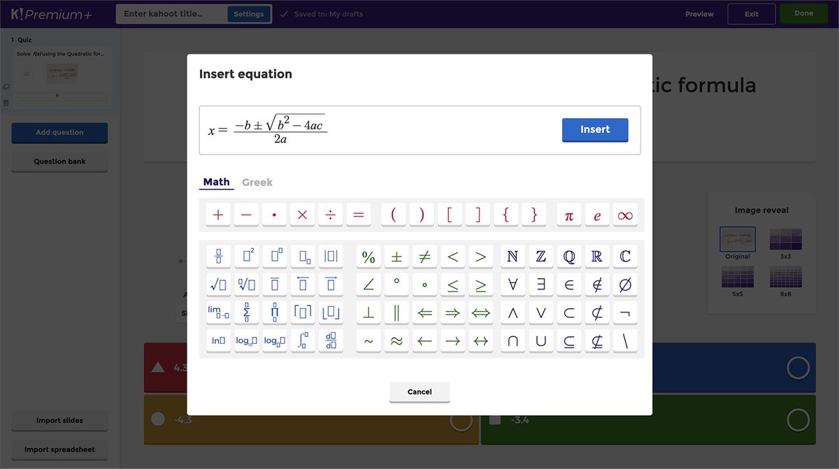 Kahoot's tweet photo. 👏Our NEW math symbol editor makes it easy to add formulas and equations into questions, answer alternatives and slides! 🧮
Read all about it ⬇️
https://t.co/xm125JilN7 https://t.co/Sqs0MZefmI