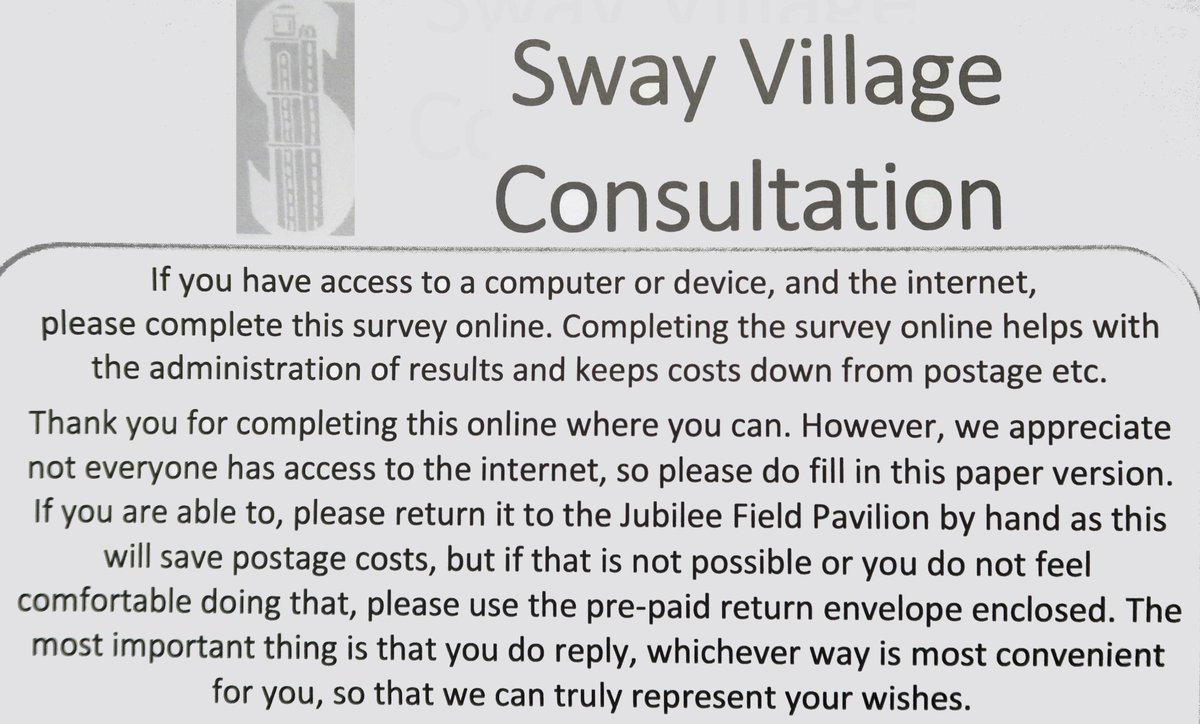 Consultation for all <a href="/Sway_New_Forest/">Sway</a> residents asking what you'd like <a href="/Sway_PC/">Sway Parish Council</a> Parish Council to concentrate on, &amp; spend your money on, ends this Friday 13th November.  Please be sure to have your one say. Complete it online please (to save postage costs &amp; transcription errors).