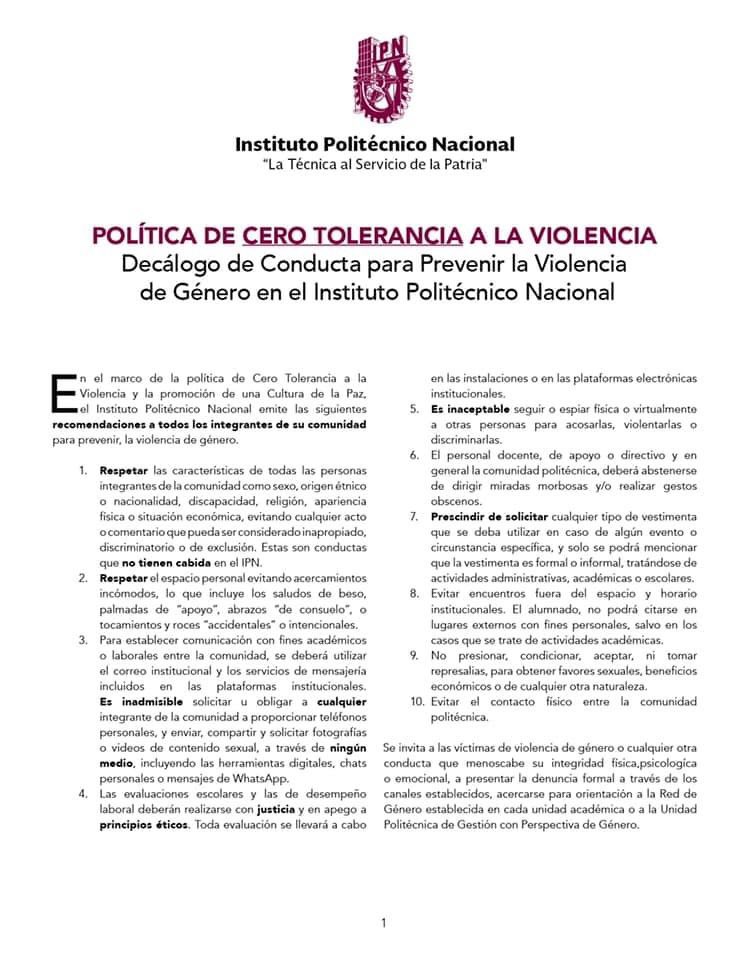 GeneroIPN's tweet photo. Conoce el Decálogo de conducta para prevenir la Violencia de Género en el @IPN_MX 

#CeroToleranciaALaViolencia
#SíAlDiálogo https://t.co/y5ahUmEJ8i