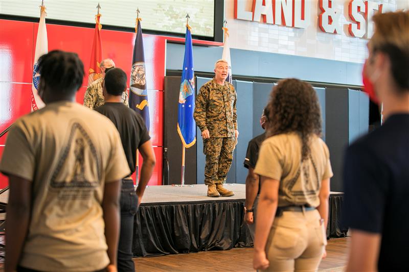 CENTCOM's tweet image. Gen. Frank McKenzie, #CENTCOMCDR administered the oath of enlistment to 30 multi-service enlistees at Raymond James Stadium on Nov. 4th. The event was recorded and played on the big screen during the #TampaBayBucs game last night.