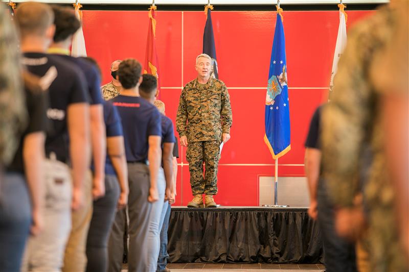 CENTCOM's tweet image. Gen. Frank McKenzie, #CENTCOMCDR administered the oath of enlistment to 30 multi-service enlistees at Raymond James Stadium on Nov. 4th. The event was recorded and played on the big screen during the #TampaBayBucs game last night.