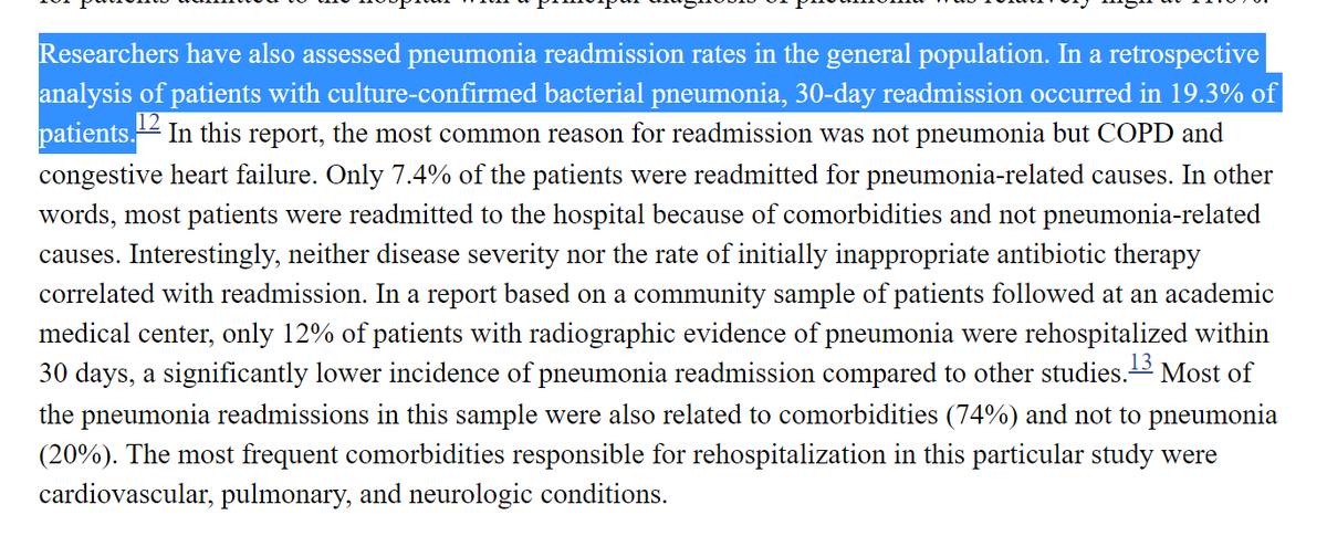 even in general population, pneumonia was 19%and re-admit was only 7.4% from pneumonia. it was more often COPD or congestive heart failurehey, is this starting to sound like covid scare stories?pro tip: they only sound scary because you've never looked at another disease.