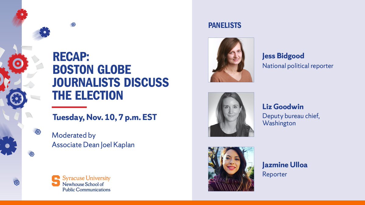 TOMORROW: <a href="/BostonGlobe/">The Boston Globe</a> journalists &amp; #TonerPrize winners 
<a href="/jessbidgood/">Jess Bidgood</a>, <a href="/lizcgoodwin/">Liz Goodwin</a> &amp; <a href="/jazmineulloa/">Jazmine Ulloa</a> will discuss #Election2020, battleground states and what has changed—or not changed—since 2016. newhouse.syr.edu/event/2020-nov…
