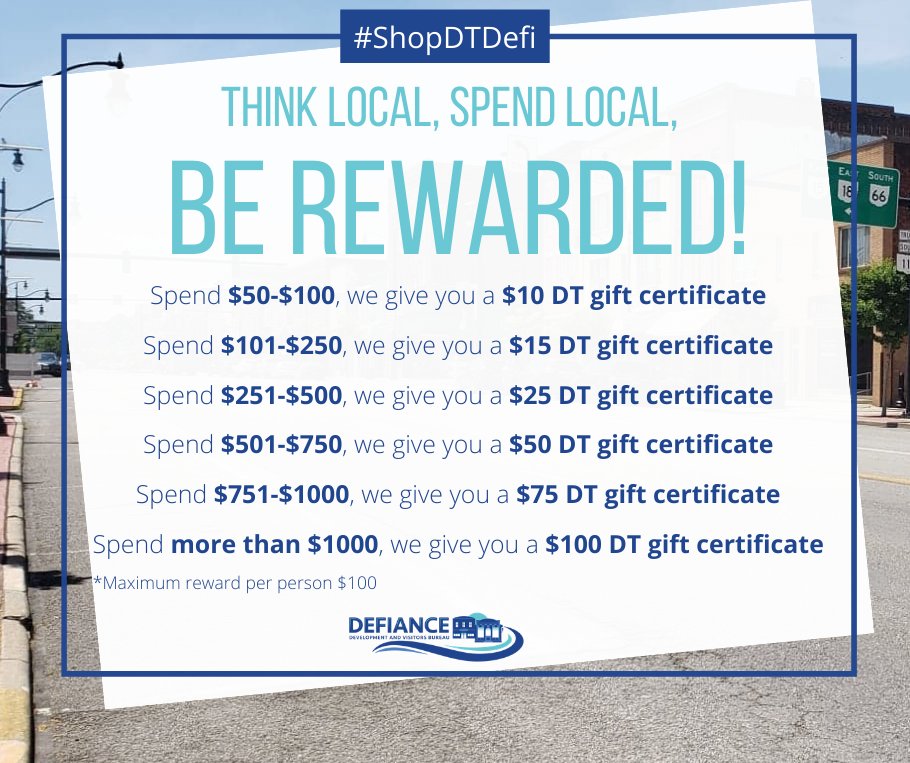 VisitDefianceOH's tweet photo. ✅Shop Downtown Defiance
✅Save your Receipts
✅Earn Downtown Defiance Gift Certificates

You Spend=We Give!  The more you shop Downtown Defi, this holiday season the more money in gift certificates you can earn!

For all the details go to https://t.co/agPl8q7HPB! 

#ShopDTDefi https://t.co/g3V73jMqKZ