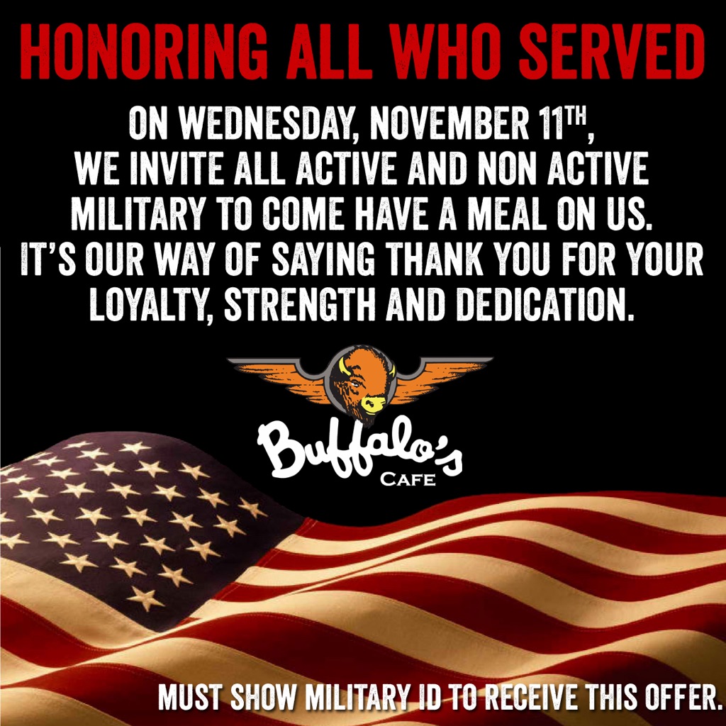 BuffalosRome's tweet photo. 🇺🇸 Home of the free, because of the brave. 🇺🇸
Please let us thank you for your service!
#VeteransDay 
#VeteransDaySpecials https://t.co/6SA6I3YAkw