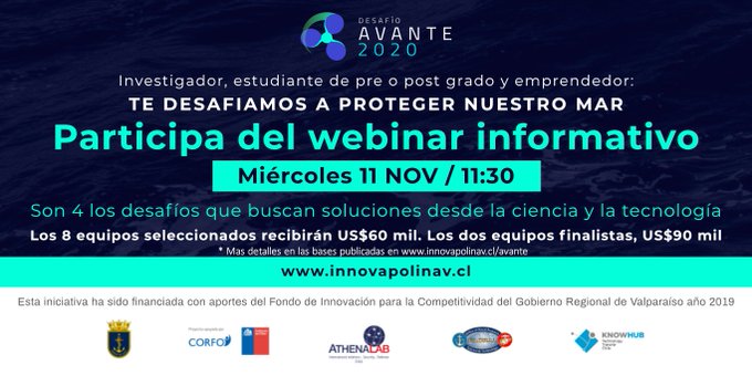 vripubb's tweet image. Este miércoles 11 a las 11:30 am. webinar informativo del #DesafioAvante. Inscripciones: bit.ly/2I9hTfm @Armada_Chile @AthenaLabOrg @innovapolinav @knowhubchile  #DualTech. Una iniciativa apoyada por OTL UBB, @ubbchile