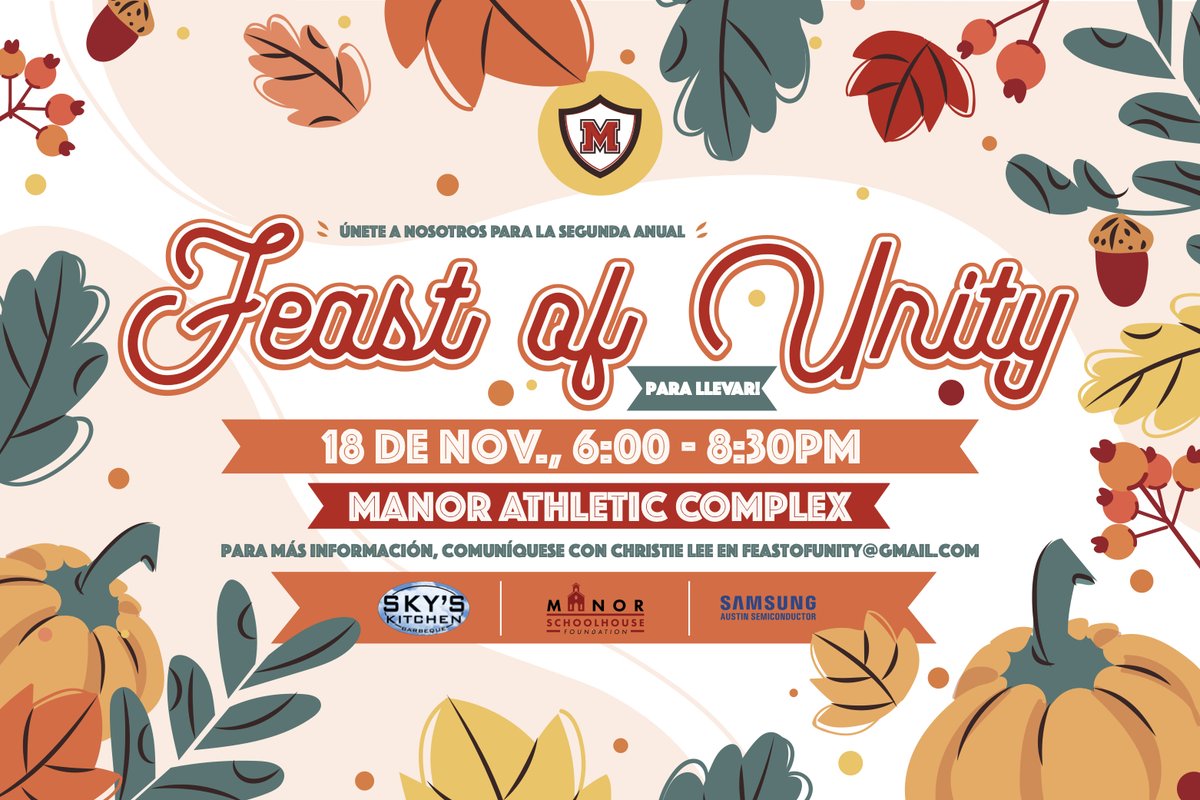 ManorISD's tweet photo. Esta temporada festiva, Manor ISD llevar acabo su Segunda Cena Anual de Fiesta de la Unidad para llevar. La Fiesta de la Unidad de MISD servirá más de 500 comidas a las familias en el área metropolitana de Manor este 18 de Noviembre de 6 a 8:30pm

https://t.co/GBK68NWP0f https://t.co/w8hlBo8FDT