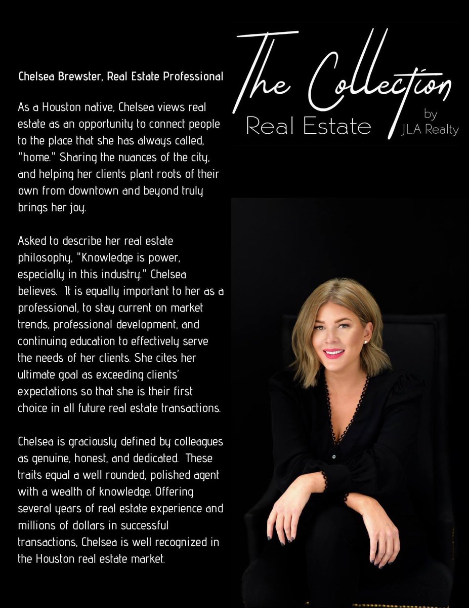 TheCollectionRE's tweet image. The Collection Real Estate by JLA Realty is proud to announce the latest addition to our premier real estate division.

Chelsea is a fabulous addition to The Collection Real Estate Team!
#thecollectionrealestate #thecollectionhouston #houston  #thewoodlands #realestate #realtors
