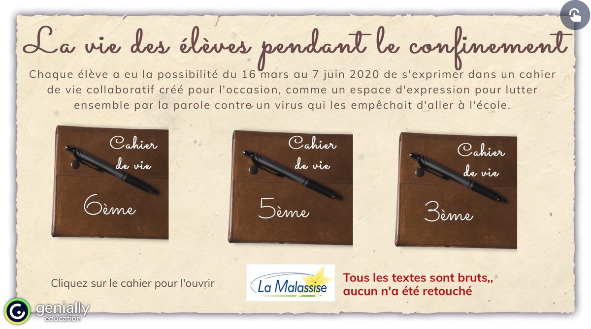 📢 A découvrir ! Comment les élèves ont-ils vécu le premier confinement ? Un « cahier de vie » comme un journal intime collectif pour laisser les jeunes dire, parler, raconter leur combat au quotidien contre un virus #tracedevie #parolebrute

view.genial.ly/5f01cb9e645df0…