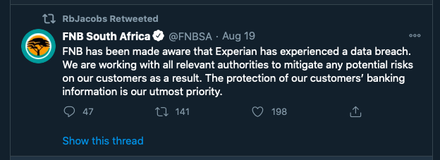 rhuggard's tweet photo. @Rbjacobs This is one of your pinned tweets. Why would you think I would trust FNB with my location data? If you don't have it you cannot lose it. https://t.co/TLgKmBbrj8