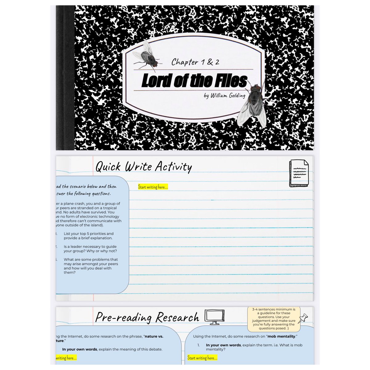 S_Berger2's tweet photo. Completing a “quick-write” activity and some research to consider our background knowledge, opinions, and new information before launching into reading #LordoftheFlies 🌴✨ @spartannation_  #DSBN #Grade10 #GoogleSlides https://t.co/44b7fV5osF