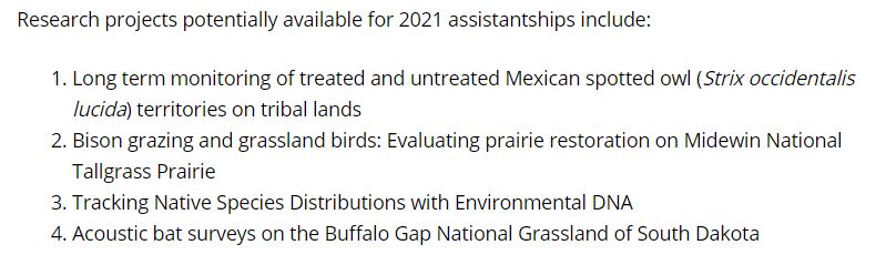 Native American Research Assistantship program now accepting applications until Jan 15, 2021!

This is for our awesome Native American students (graduate or undergraduates)!

Questions? Contact Jamila Blake at jblake@wildlife.org