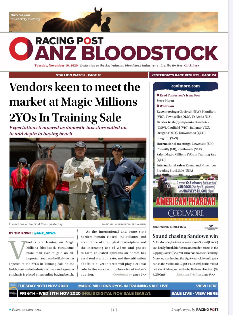 anz_news's tweet photo. 🛎 Today In ANZ 🛎

⭕️ Just In ➡️ #HOUTZEN sells US$1.5m in foal to #Curlin @keenelandsales 
⭕️ Vendors keen to meet market @mmsnippets 2yo in Training Sale
⭕️ Bumper Stallion Watch 🐴

⭕️ Monomoy Girl lights up @FasigTiptonCo US$9.5m 🔥

➕ Lots More 🔻👀
https://t.co/4JbLemPeUB https://t.co/DTX8uhXthf