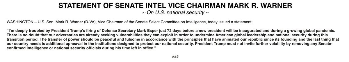 kyledcheney's tweet photo. WARNER urges Trump not to remove any other Senate-confirmed national security/intelligence officials before leaving office. https://t.co/kWCqdoKdzY