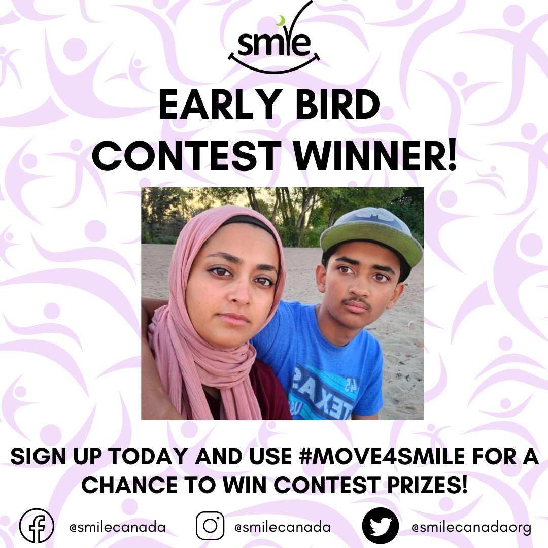 smilecanadaorg's tweet photo. Our early bird contest winner is SMILE mom, Bariah Khan! We are so excited that Bariah won the early bird contest! Her son has received support from SMILE through the years! #UnitedWeSMILE #InclusionForALL #Move4SMILE https://t.co/R53ftFDqMr