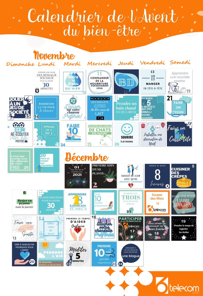 6Telecom's tweet image. Joignez-vous à l'équipe 6Telecom et prenez l'initiative de faire une petite action chaque jour avec notre Calendrier de l'Avent du bien-être !☮️
Le temps des fêtes approche rapidement !⛄️😃