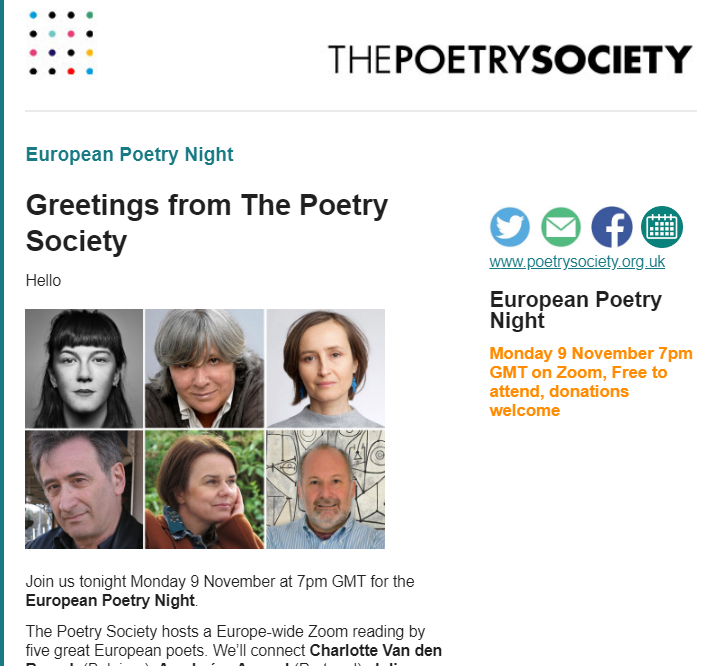Just enjoyed inspiring evening of #EuropeanPoets hosted by @PoetrySociety & @george_szirtes : @analuisaamaral4 #CharlotteVandeBroeck, #MáriaFerenčuhová #AntonisSkiathas #JuliaFiedorczuk . Hugely varied and powerful work. Thanks to all. @PoetryProgRTE @poetryireland @IrishLitTimes