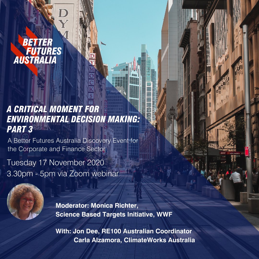 BetterFuturesAU's tweet photo. Join us for the breakfast panel of our 3-part webinar series. Hear from ambitious and forward thinking corporate and finance sector leaders on the importance of taking climate action today: https://t.co/t2mgq12EKQ

@BCSDAustralia @IGCC_Update @WWF_Australia @ClimateWorksAus https://t.co/NSAmGLbh4T
