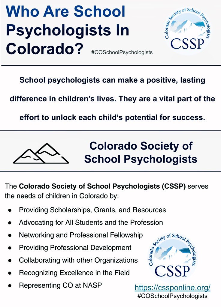 School psychologists are experts in mental health, behavior, education, and school systems. They are pivotal members of our school teams! 

#SPAW2020 #COschoolpsychologists #NSPW2020 #schoolpsychologists