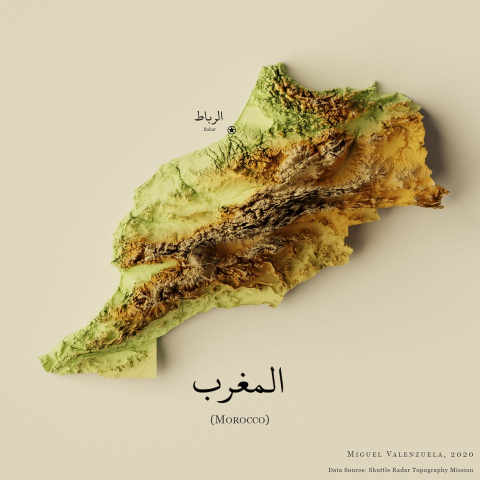 Time to feature another country here that doesn't often get international attention. Topography of the land of sunset. Al-Maghrib (Morocco). Source: buff.ly/36dVMNo