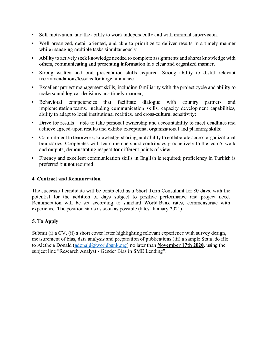 The World Bank is hiring a consultant to design measures of gender bias among loan officers, supervise data collection and analyze data. Candidate should have experience in survey & experiment design, strong Stata skills & familiarity w/ gender issues. Details attached.