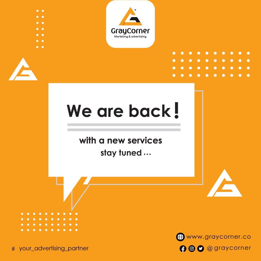 gray_corner's tweet photo. we are back !
with a new services 
stay tuned...
#branding #ads #camp. #design #web #apps #marketing #outdoor #logo #identity #emal_marketing #online_marketin https://t.co/shFIemNs3S