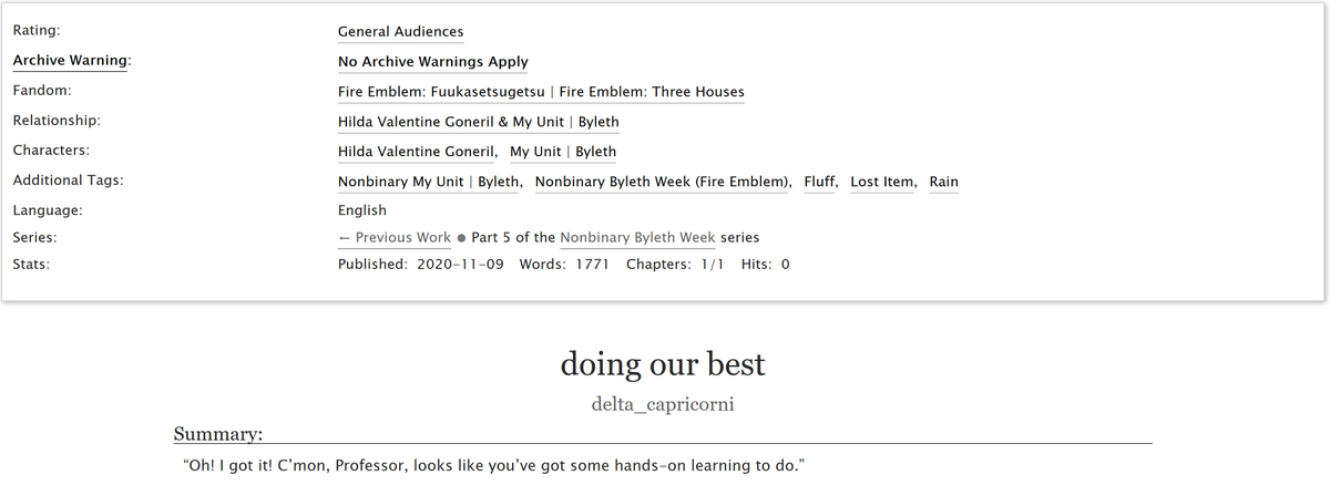 deltacapricorn's tweet image. it&apos;s day 5 already! this story for #nonbinarybylethweek focuses on the prompts of lost items &amp;amp; rain, feat. hilda! hope we can all continue doing our best \o/ #fe3h

archiveofourown.org/works/27477349