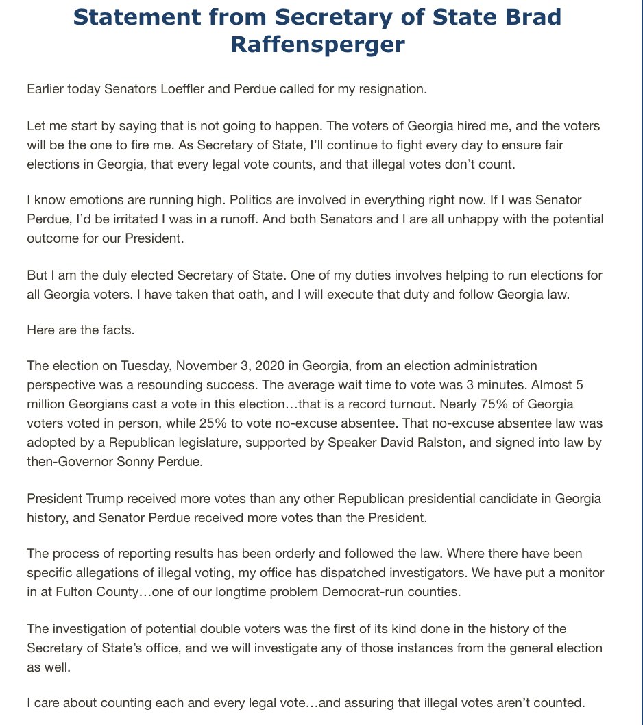 And here's Secretary of State Brad Raffensperger's lengthy, fiery response to the request he resign, starting with "Let me start by saying that is not going to happen. The voters of Georgia hired me, and the voters will be the one to fire me."  #gapol  https://www.gpb.org/news/2020/11/09/georgias-republican-senators-call-on-secretary-of-state-resign