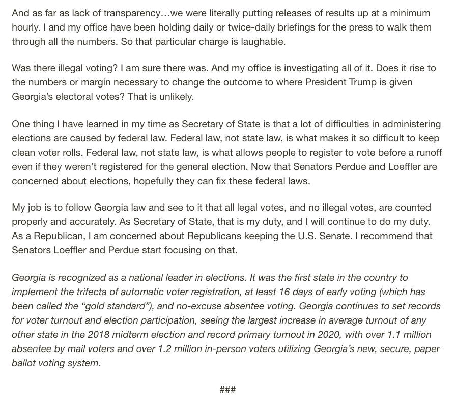 And here's Secretary of State Brad Raffensperger's lengthy, fiery response to the request he resign, starting with "Let me start by saying that is not going to happen. The voters of Georgia hired me, and the voters will be the one to fire me."  #gapol  https://www.gpb.org/news/2020/11/09/georgias-republican-senators-call-on-secretary-of-state-resign