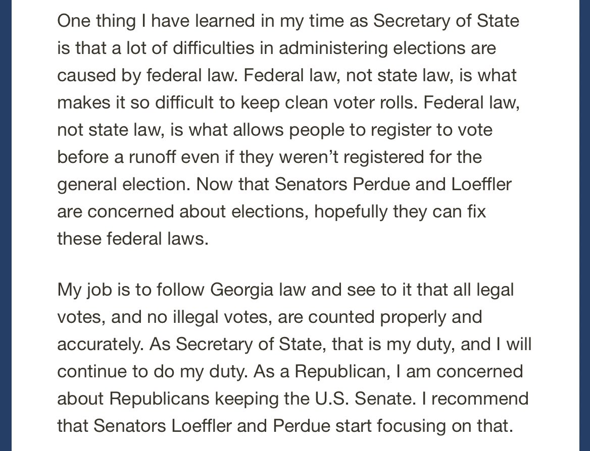 The response from Secretary of State Brad Raffensperger: “Let me start by saying that is not going to happen. The voters of Georgia hired me, and the voters will be the one to fire me.”  #gapol