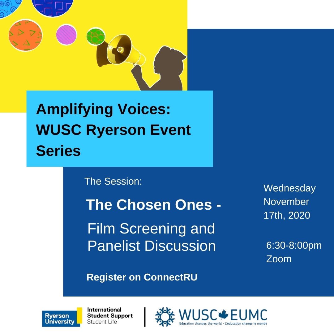 TMU_WUSC's tweet photo. New Event Alert! 

Join us at next week’s event, where we will be watching an outstanding movie titled “The Chosen Ones.” This event is all about raising awareness about the Student Refugee Program (#SRP)! 

Register at ConnectRU or click the link in our bio! 

#wuscryerson https://t.co/nVRAqhihUA