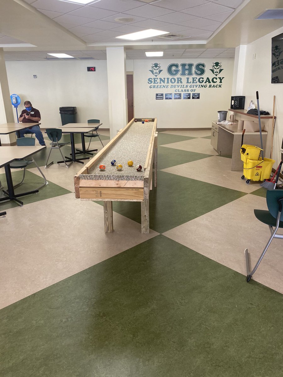 We have Carpetball set up in the GHS cafeteria for students to take on their friends in the mornings and at lunch. Who will be GHS Champion of Carpetball?